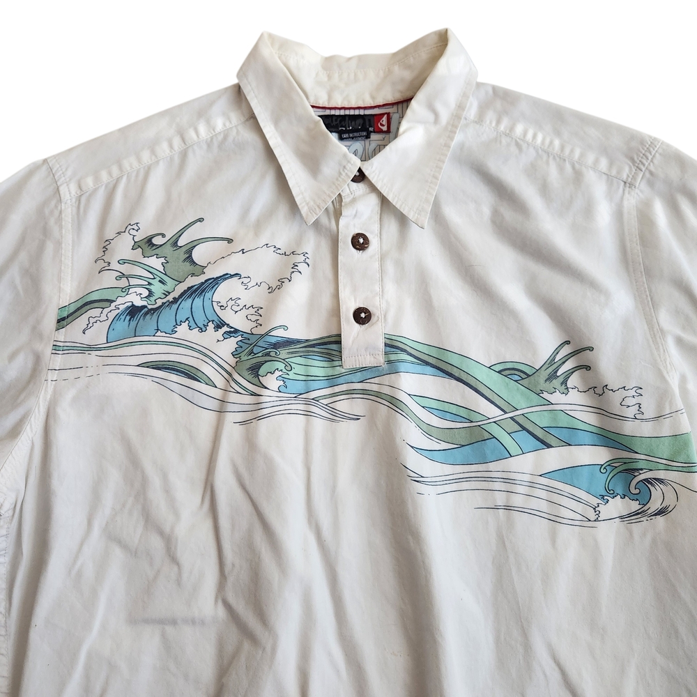 Vintage Quicksilver Button Up Shirt Men's   L Beige Wave Single Stitch Surfing